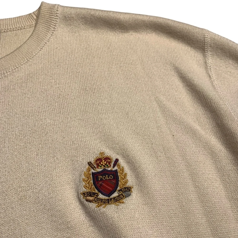 Vintage Polo Golf Ralph Lauren Embroidered Crest Sweatshirt Cream Men XL